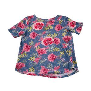 LOFT Womens Floral Print Short Sleeve Top Size Small Colorful Pink Blue Knit